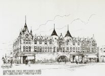 Fargo (ND) IOOF Hall PROPOSAL, 1893 Fargo, NORTH DAKOTA (Broadway & 1st Ave. N) Pen & Ink Drawing: Albert Levering del