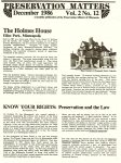PRESERVATION MATTERS December 1986 Vol. 2 No. 12 “The Holmes House Elliot Park, Minneapolis”