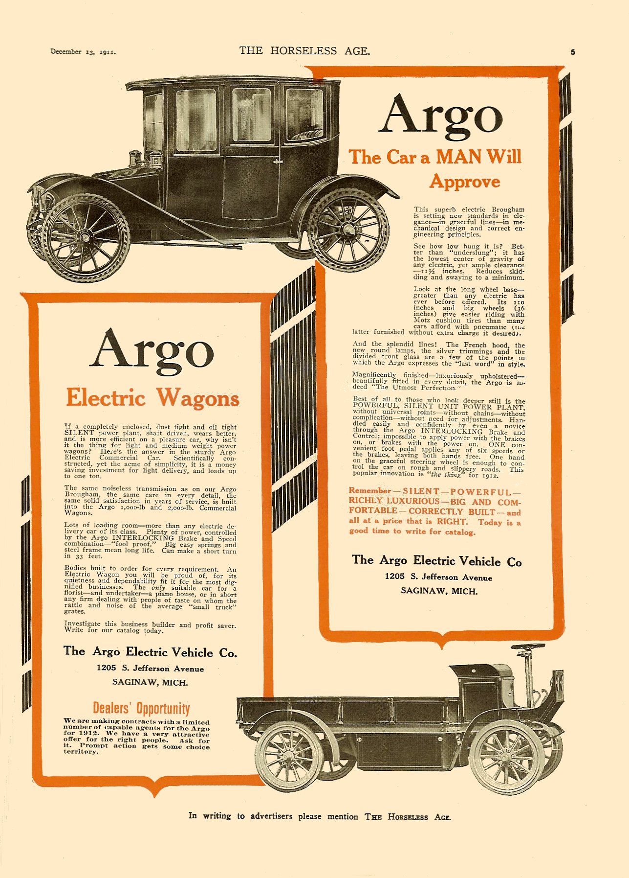 1911 12 13 Argo Electric Wagons The Argo Electric Vehicle Co. Saginaw, MICH The Horseless Age magazine Vol. 28, No. 24 December 13, 1911 9″x12″ page 5