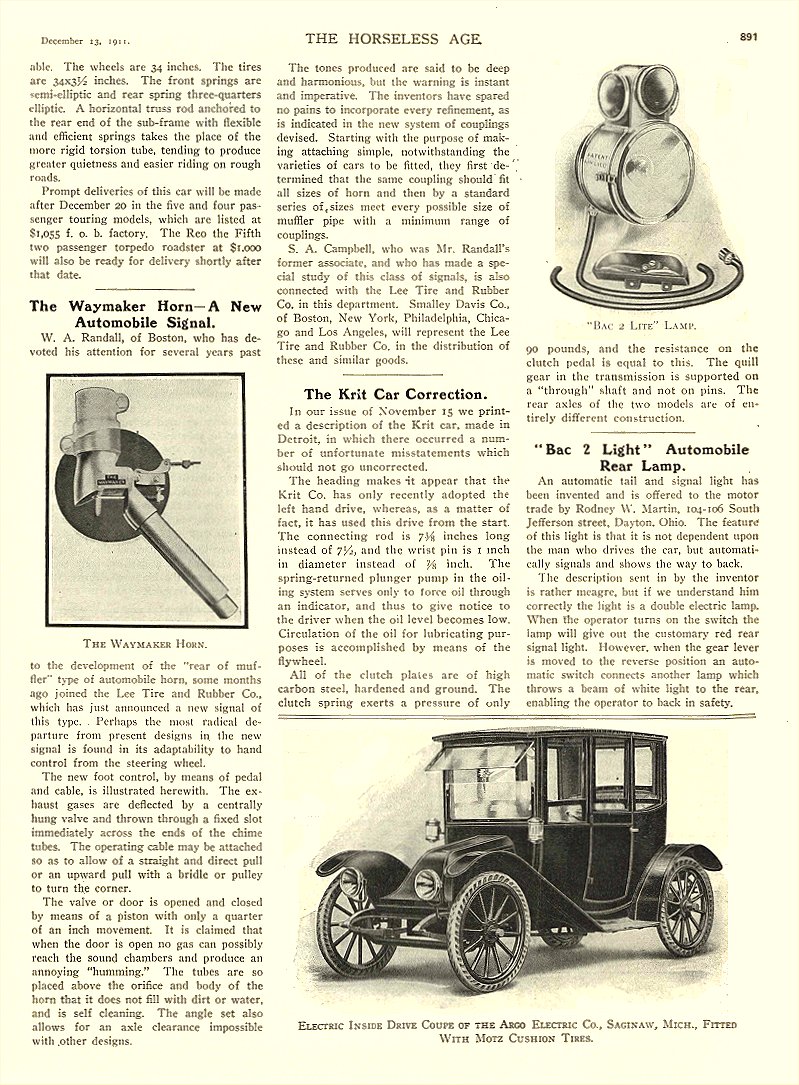 1911 12 13 ARGO Electric Car Electric Inside Drive Coupe Argo Electric Vehicle Company Saginaw, MICH THE HORSELESS AGE December 13, 1911 8.25″x12″ page 891