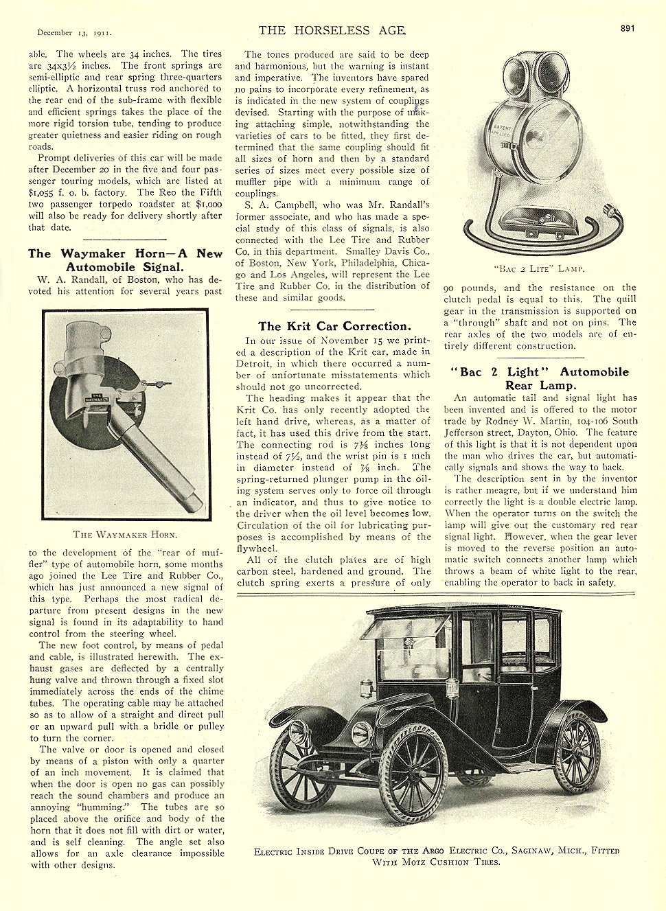 1911 12 13 ARGO Electric Electric Inside Drive Coupe THE HORSELESS AGE December 13, 1911 University of Minnesota Library 8.25″x11.5″ page 891