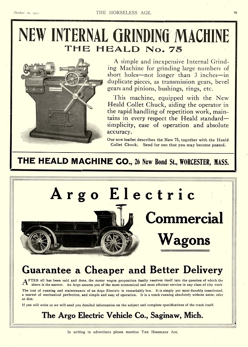 1911 10 18 ARGO Electric Commercial Wagons The Argo Electric Vehicles Co Saginaw, MICH THE HORSELESS AGE October 18, 1911 8.5″x12″ page 15
