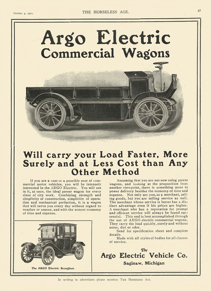 1911 10 4 ARGO Electric Commercial Wagons The Argo Electric Vehicles Co Saginaw, MICH THE HORSELESS AGE October 4, 1911 8.5″x12″ page 27
