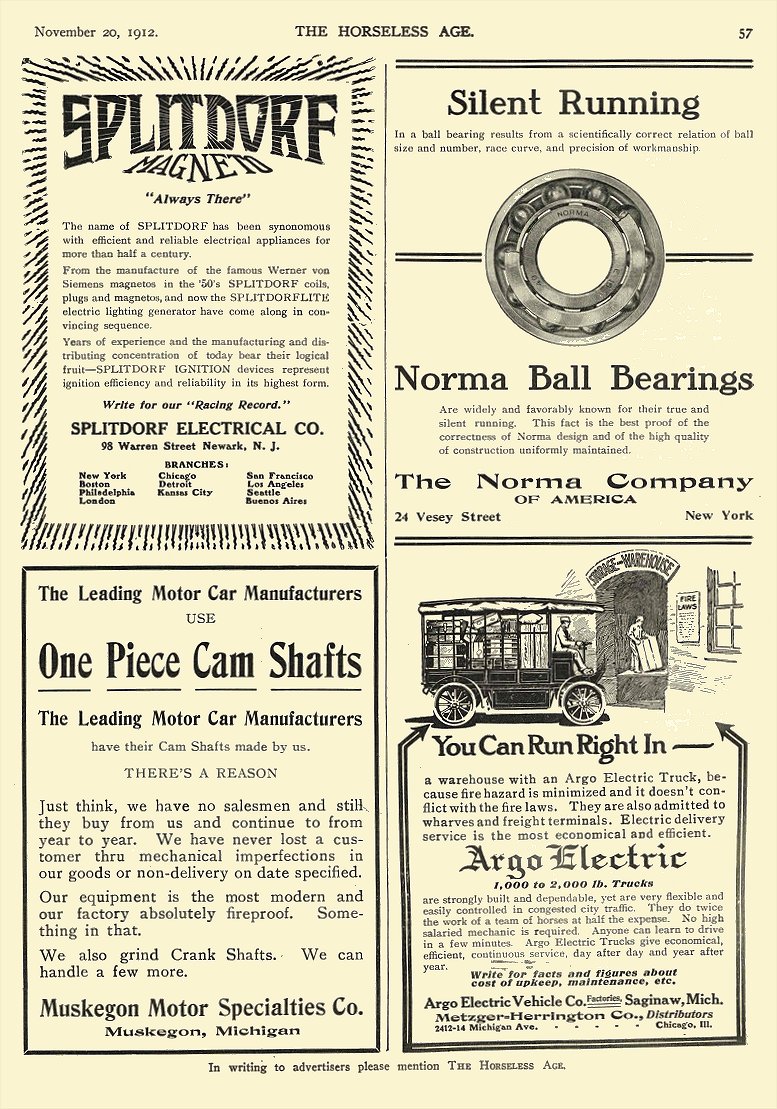 1912 11 20 ARGO Electric Truck You Can Run It Right In Argo Electric Vehicle Company Factories, Saginaw, MICH Metzger-Herrington Co, Distributors Chicago, ILL THE HORSELESS AGE November 20, 1912 8.25″x12″ page 57