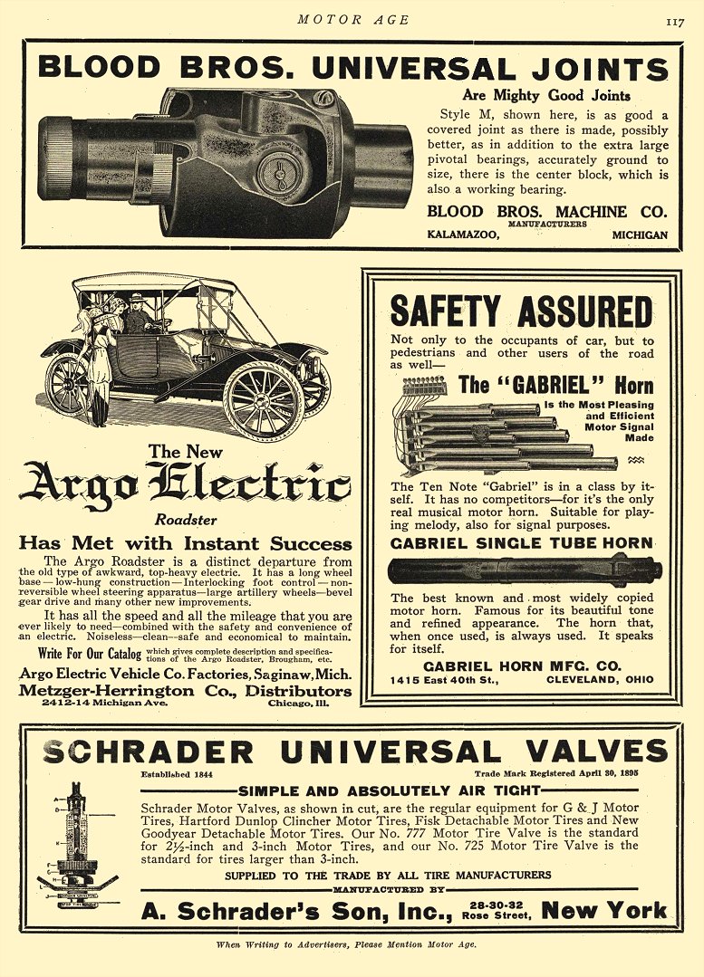 1912 7 11 ARGO Electric Car The New Argo Electric Roadster Argo Electric Vehicle Company Factories, Saginaw, MICH Metzger-Herrington Co, Distributors Chicago, ILL MOTOR AGE July 11, 1912 8.5″x11.75″ page 117