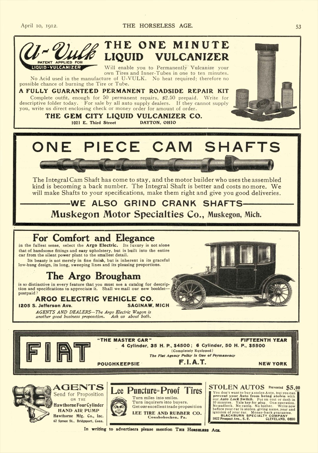 1912 4 10 ARGO Electric The Argo Brougham Argo Electric Vehicles Co Saginaw, MICH THE HORSELESS AGE April 10, 1912 8.25″x12″ page 53