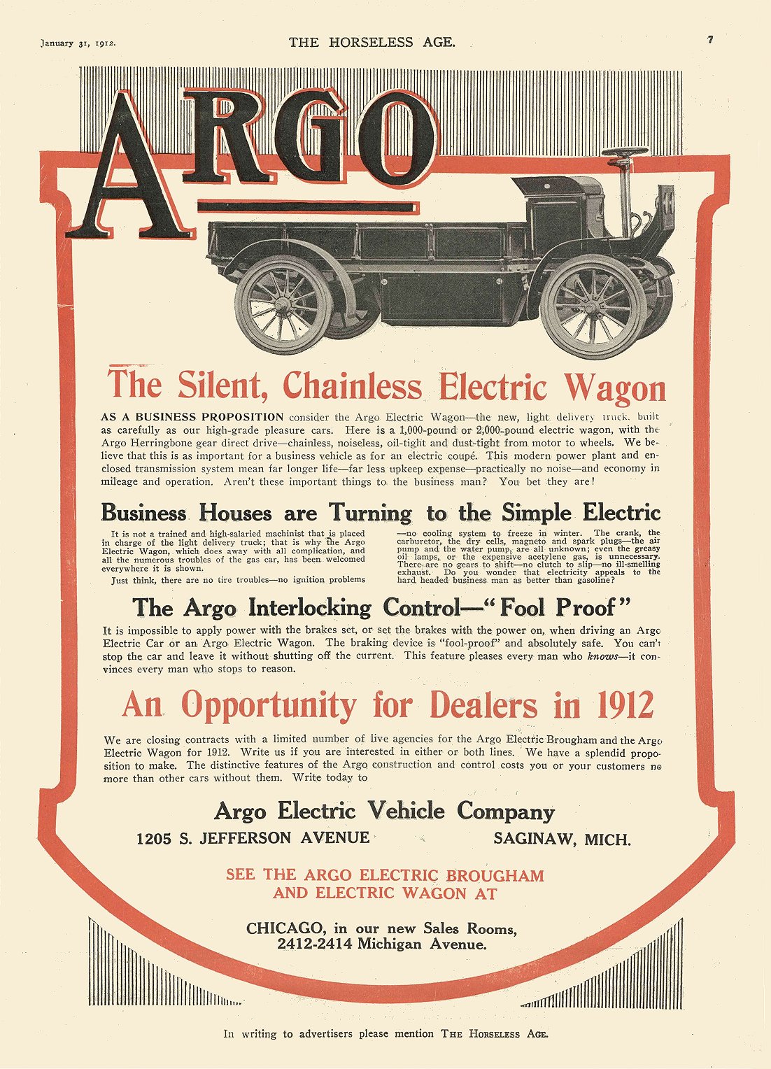 1912 10 23 ARGO Electric The Silent, Chainless Electric Wagon Argo Electric Vehicles Co Saginaw, MICH THE HORSELESS AGE October 23, 1912