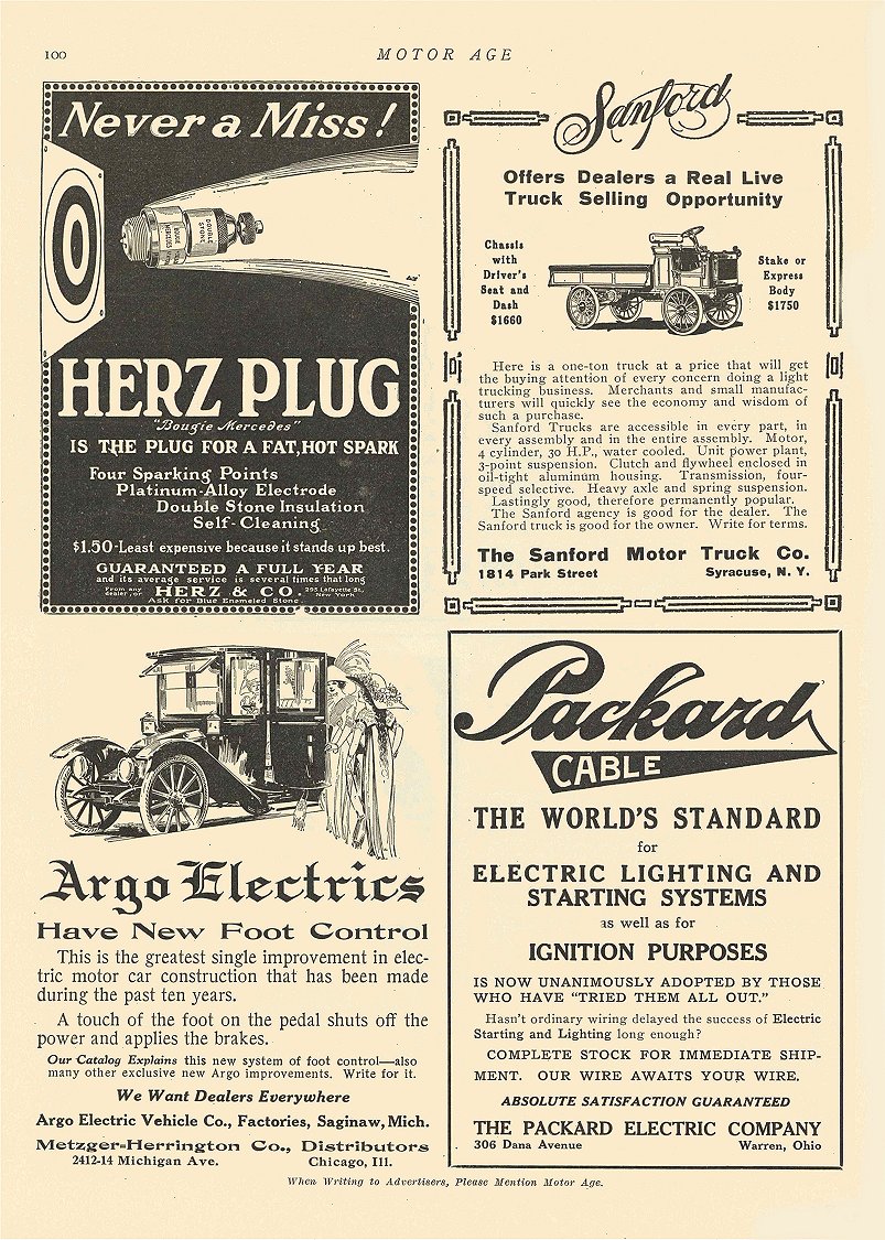 1912 11 28 ARGO Electric Have New Foot Control Argo Electric Vehicles Co Saginaw, MICH MOTOR AGE November 28, 1912 8.25″x12″ page 100