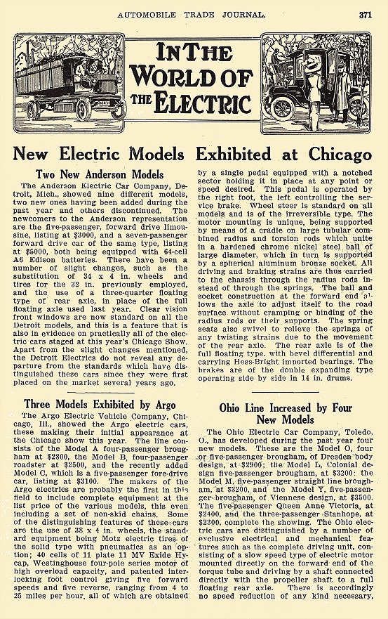 1913 3 ARGO Electric IN THE WORLD OF The ELECTRIC New Electric Models Exhibited at Chicago Argo Electric Vehicle Company Chicago, ILL Automobile Trade Journal March 1913 6.25″x9.75″ page 371