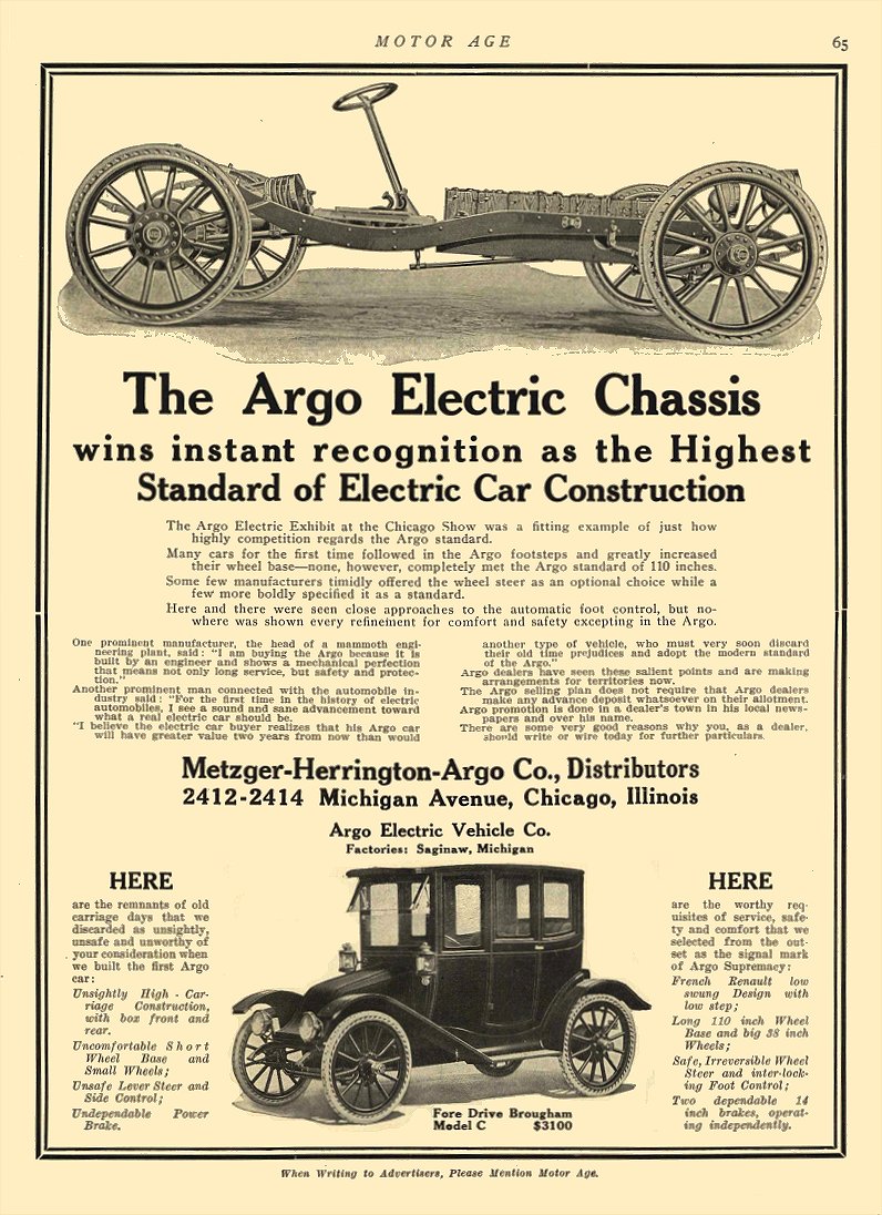 1913 4 3 ARGO Electric Chassis Standard of Electric Car Construction Argo Electric Vehicle Company Factories, Saginaw, MICH Metzger-Herrington-Argo Co, Distributors Chicago, ILL MOTOR AGE April 3, 1913 8.25″x12″ page 65