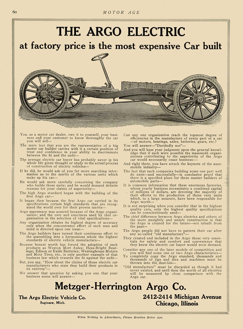 1913 4 24 ARGO Electric Metzger-Herrington Argo Co Chicago, Illinois MOTOR AGE April 24, 1913 8.5″x11.5″ page 60
