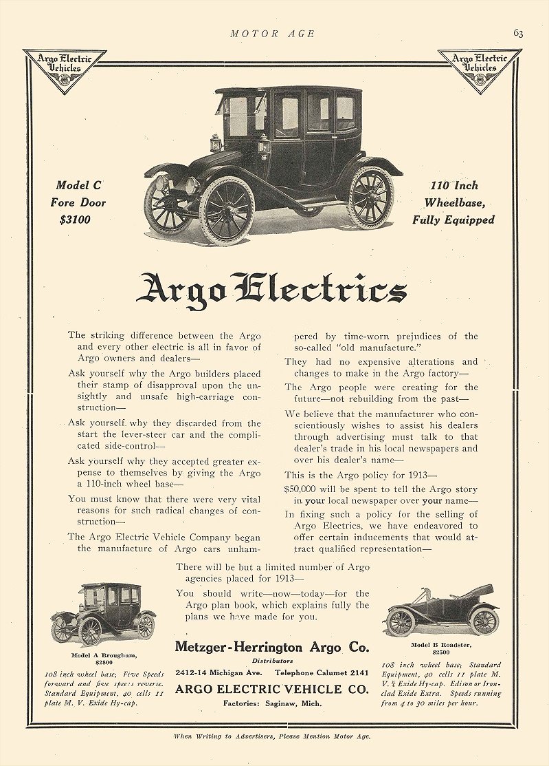 1913 ARGO Electric Model C Fore Door $3100 Argo Electric Vehicle Co Saginaw, MICH MOTOR AGE 1913 8.5″x12″ page 63