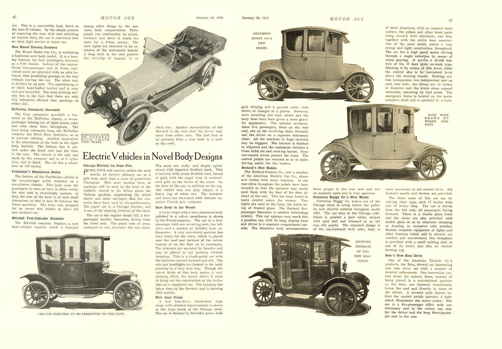 1914 1 29 ARGO Electric Article Electric Vehicles in Novel Designs Argo Electric Vehicle Company Saginaw, MICH MOTOR AGE January 29, 1914 8.5″x11.75″ pages 16 & 17