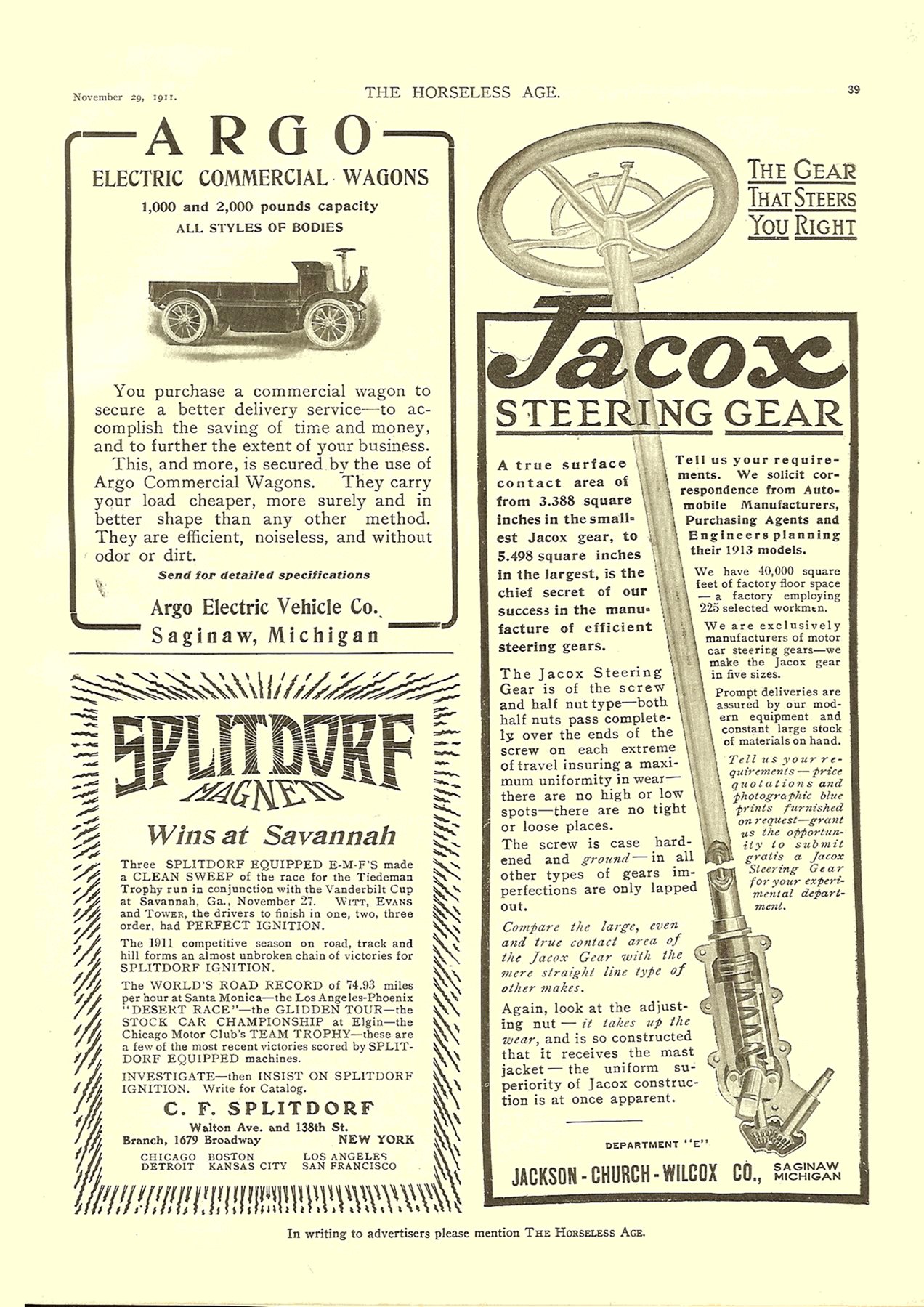 1911 11 29 ARGO Electric Commercial Wagons Argo Electric Vehicle Co. Saginaw, Michigan The Horseless Age magazine November 29, 1911 Vol. 28 No. 22 9″x12″ page 39