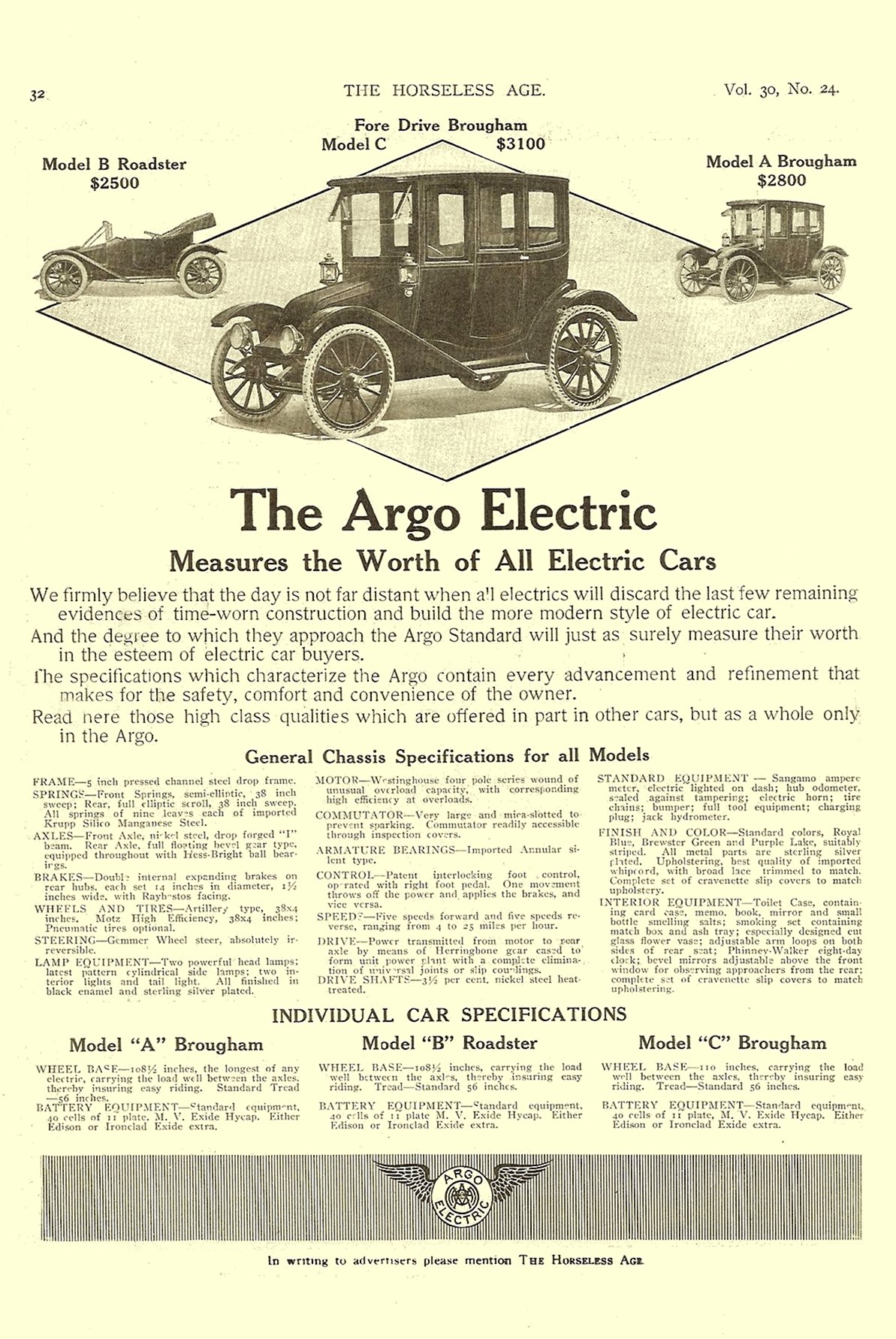 1912 12 11The Argo Electric Model A Brougham, Model B Roadster, Model C Fore Drive Brougham The Horseless Age magazine December 11, 1912 Vol.30 No. 24 9″x12″ page 32