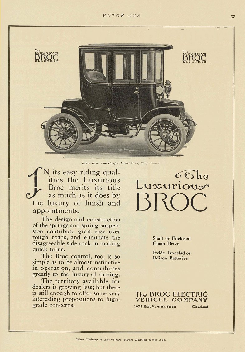 1911 8 21 BROC Electric (The Luxurious) The BROC ELECTRIC Vehicle Company Cleveland, Ohio MOTOR AGE Aug 21, 1911 8.75″x12″ page 97