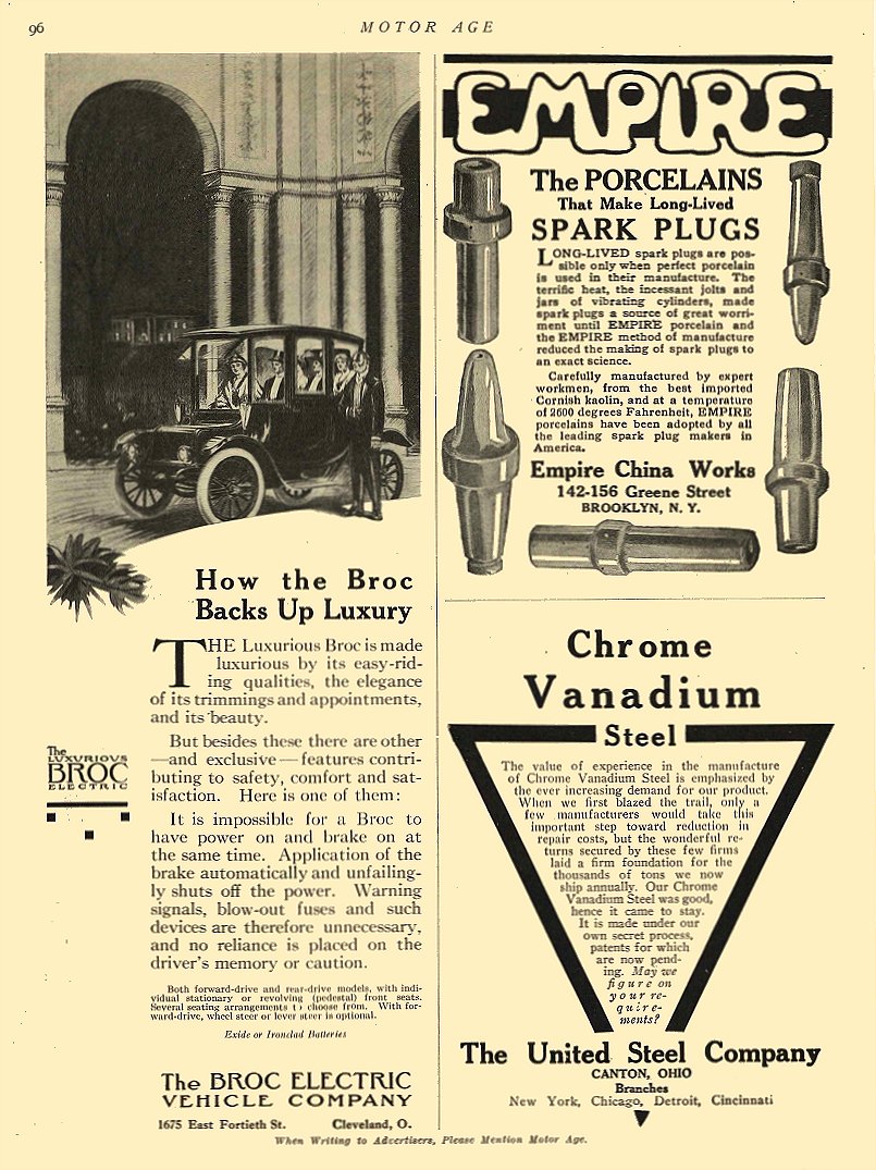 1913 3 6 BROC Electric Car How the Broc Backs Up Luxury The Broc Electric Vehicle Company Cleveland, OHIO MOTOR AGE March 6, 1913 8.25″x12″ page 96