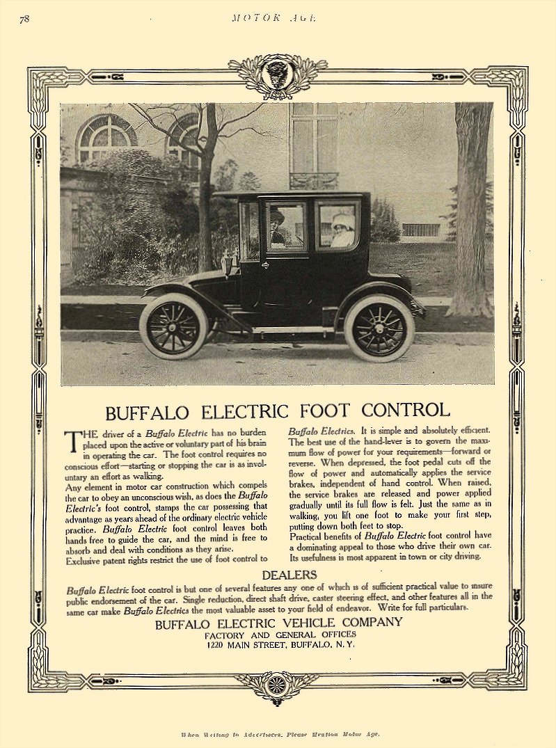 1912 12 5 BUFFALO Electric Car Buffalo Electric Foot Control Buffalo Electric Vehicle Company Buffalo, New York MOTOR AGE December 5, 1912 8.25″x11.25″ page 78