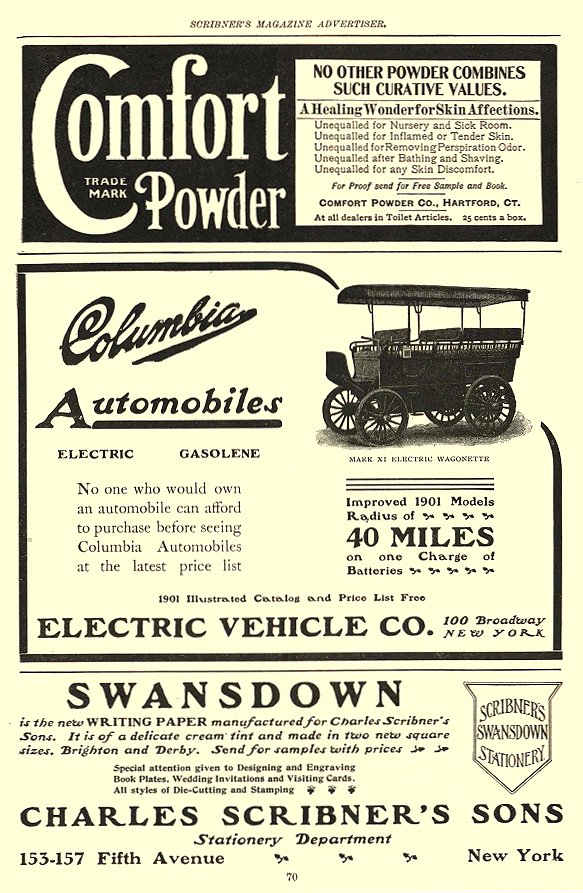 1901 COLUMBIA Electric Automobile 40 MILES on one charge of Batteries Electric Vehicle Co New York, New York Scribner’s Magazine Advertiser 1901 6.5″x9.25″ page 70