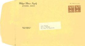 1955 ca. KING MIDGET Mailing envelope MIDGET MOTORS SUPPLY Athens, OHIO 9″x6″ Back