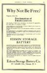 1913 2 EDISON Electric Car Battery Why Not Be Free? Proclamation of Emancipation EDISON STORAGE BATTERY Edison Storage Battery Co. Orange, New Jersey AUTOMOBILE TRADE JOURNAL February 1913 6.25″x10″ page 251
