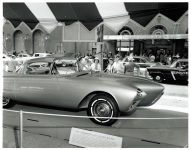 1956 OLDSMOBILE Experimental “Golden Rocket” 5″x4″ black & white negative E-4 X23388-53 A lightweight, fiberglass-bodied sports coupe for GM Motorama Oldsmobile Greets NOBLES Of The MYSTIC SHRINE Near Hotel Staler Detroit, Michigan ca. 1956 275-hp “Rocket” V-8 engine Compression Ratio 9.50 to 1 Width 75.4″ Height 49.5″ Wheelbase 105″ Length 201.1″ Front Tread 59″ Rear Tread 56″