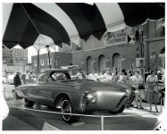 1956 OLDSMOBILE Experimental “Golden Rocket” 5″x4″ B&W negative E-1 X23388-55 A lightweight, fiberglass-bodied sports coupe for GM Motorama Oldsmobile Greets NOBLES Of The MYSTIC SHRINE Near Hotel Staler Detroit, Michigan ca. 1956 275-hp “Rocket” V-8 engine Compression Ratio 9.50 to 1 Width 75.4″ Height 49.5″ Wheelbase 105″ Length 201.1″ Front Tread 59″ Rear Tread 56″