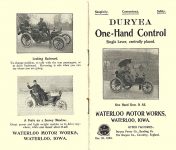 1903 DURYEA Motor Vehicle One-Hand Control Simplicity    Convenience    Safety WATERLOO MOTOR WORKS Waterloo, IOWA 3.5″x6″ folded Front & Back pages