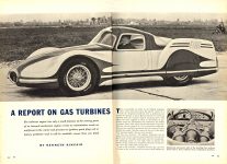 1955 A REPORT ON GAS TURBINES BY KENNETH KINCAID TRUE THE MAN’S MAGAZINE 1955 AUTOMOBILE YEARBOOK 8.5″x11.25″ x2 pages 64 & 65