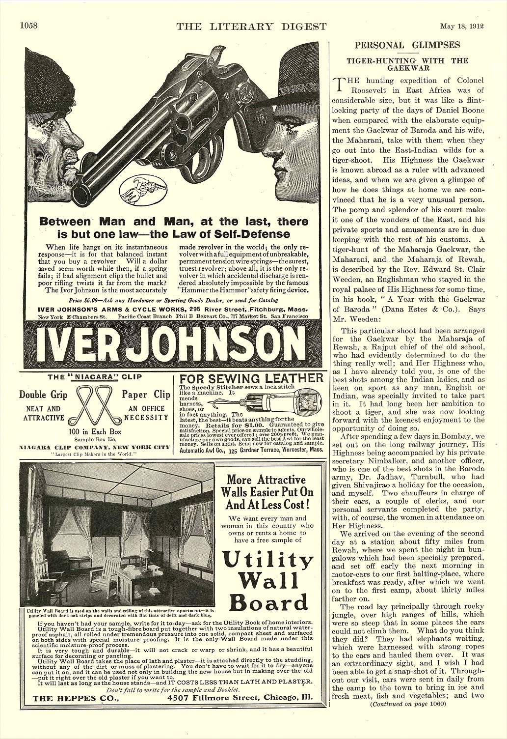 1912 5 18 IVER JOHNSON – the Law of Self-Defense Iver Johnson Arms & Cycle Works Fitchburg, MASS THE LITERARY DIGEST May 18, 1912 8.25″x11.75″ page 1058