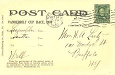 1908 VANDERBILT Cup Race “Here’s to the Winner” Postmarked: Oct 24, 1908 Chilton Printing Co. Philadelphia, PA Back of postcard 3.5″x5.25″