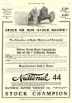 1911 10 4 NATIONAL STOCK OR NON-STOCK RACING? The Situation at Santa Monica and Savannah NATIONAL MOTOR VEHICLE CO. Indianapolis, IND THE HORSELESS AGE October 4, 1911 8.5″x12″ page 23