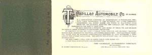 ca. 1903 CADILLAC AUTOMOBILE CO. THE CADILLAC AUTOMOBILE COMPANY OF ILLINOIS NATIONAL ELECTRIC CADILLAC STEARNS GASOLINE Chicago, ILL Page 1 6.75″x3.75 folded (Right half of front cover missing)
