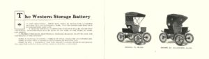 ca. 1903 CADILLAC AUTOMOBILE CO. The Western Storage Battery NATIONAL Electric Model 75 $1,000 NATIONAL Electric Model 85 $1,500 THE CADILLAC AUTOMOBILE COMPANY OF ILLINOIS Chicago, ILL 6.75″x3.75 folded pages 4 & 5