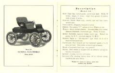 1903 NATIONAL Electric NATIONAL ELECTRIC VEHICLES ADVANCE CATALOG 1903 ELECTROMOBILE Model 50 $950 National Motor Vehicle Company Indianapolis, IND USA 5″x6.25″ folded pages 2 & 3