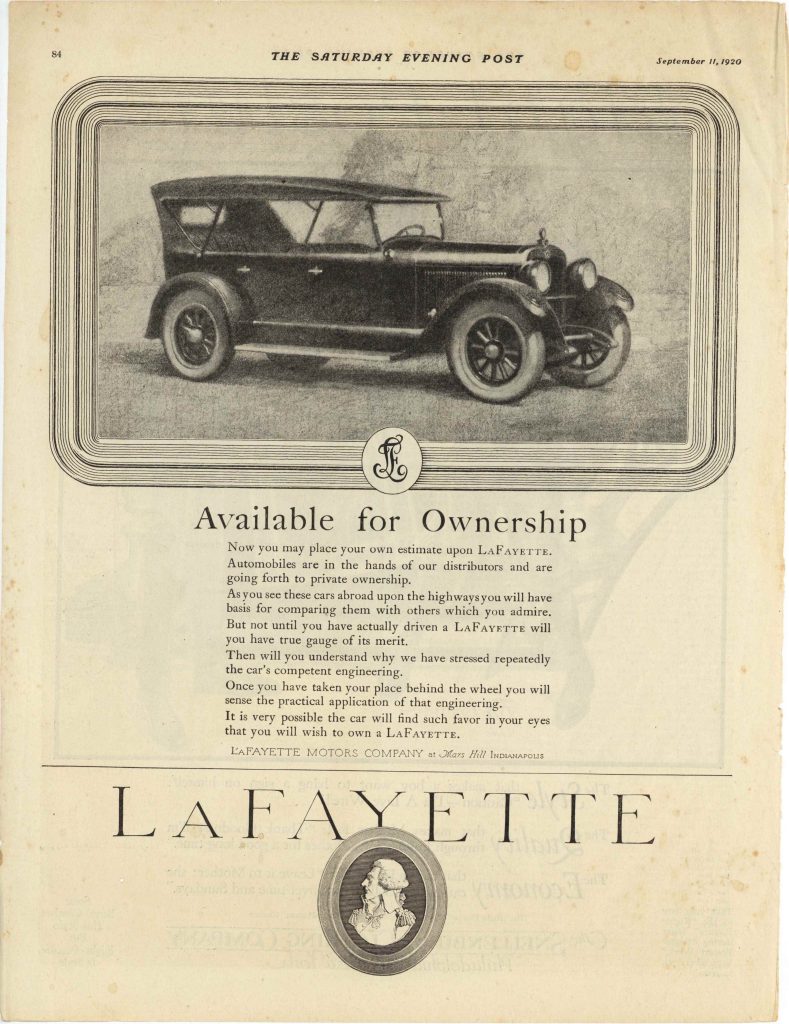 1920 9 11 LAFAYETTE Available for Ownership Lafayette Motors Company at