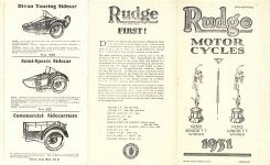 1931 RUDGE MOTOR CYCLES DIVAN TOURING SIDECAR, SEMI-SPORTS SIDECAR, COMMERCIAL SIDE CARRIERS FOLDER page 1