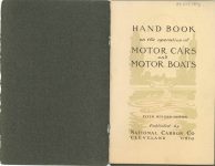 ca. 1909 HANDBOOK on the operation of MOTOR CARS and MOTOR BOATS Published by NATIONAL CARBON COMPANY Inside front cover & page 1