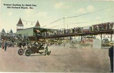 1912 Winner flashing by finish line, Old Orchard Beach, Me. postcard front
