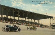 1913 Indy 500 Winner Jules Goux in Peugeot No 16; followed by Caleb Bragg, in his Mercer 450, he went out on the lap 128 after a pump shaft failure. 1914 4 18 postmark postcard Front