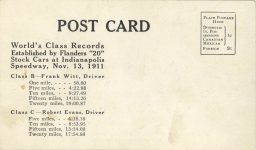 1911 11 13 Indy 500 FLANDERS 20 Frank Witt driver postcard Back