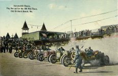 1911 Automobile Races, The line up for the 100 Mile Race, Old Orchard Beach, Me. (NATIONAL Car No. 6 John Rutherford) postcard front