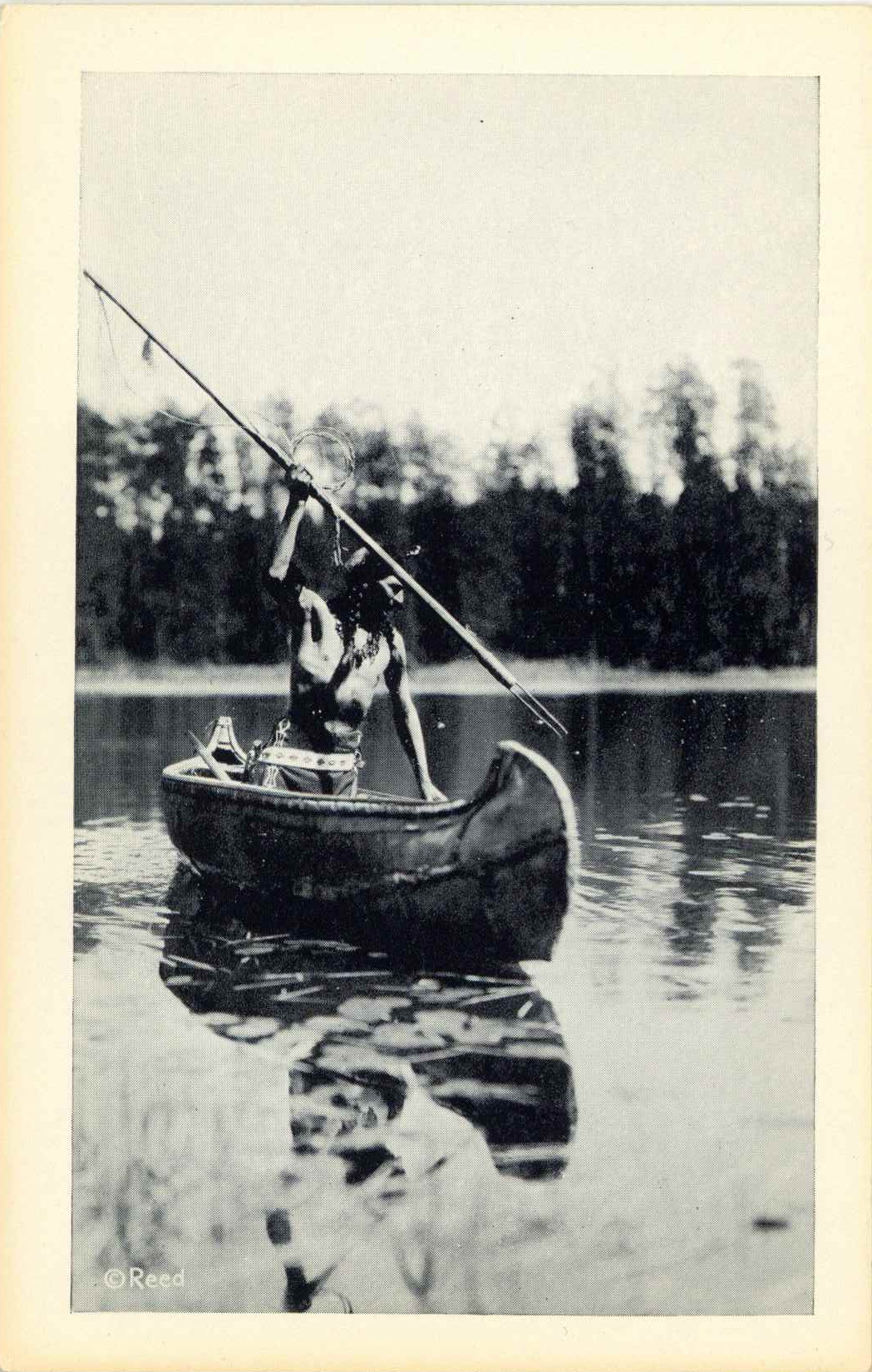 Native American Postcard Spear Fishing " The Fisherman " Ojibwa Indian Canoe 