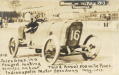1913 Indy 500 # 10 Jules Goux in a Peugeot making 90 miles an hour. Third Anual 500 mile Race. Indianapolis Motor Speedway May-1913. Winner of the Race. 1913 Time 6-41-43 RPPC front