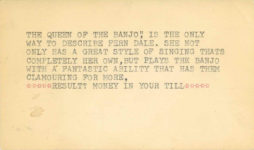 1959 ca. Fern Dale, born 1917 THE QUEEN OF THE BANJO file card 5″×3″