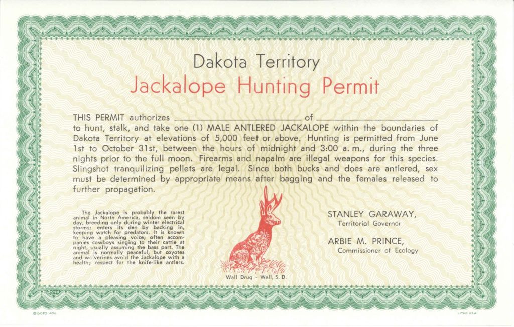 Dakota Territory Jackalope Hunting Permit 8.25"×5.25" Chuck's Toyland