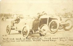 1913 5 30 Indy 500 PEUGEOT KEETON 12 Neck and neck in the stretch Third anual 500 mile race Bob Burman and Jules Goux World’s Speed Kings May 30, 1913 RPPC front