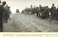 1908 10 24 Vanderbilt Race The Locomobile No. 16 at Railroad Bridge postcard front