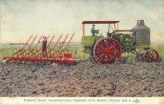 1910 FURROWS WITH RUMELY PLOWS AND A OILPULL postcard front