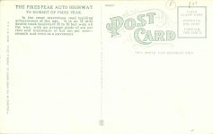 1915 ca. PIKES PEAK AUTO HIGHWAY postcard back